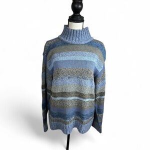 Liz Claiborne Vintage 90s Sport Turtleneck Sweater Blue Gray Striped Size M